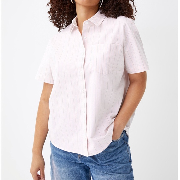 Pink and gray organic cotton striped pocket short sleeve oxford shirt NWT - Picture 1 of 9